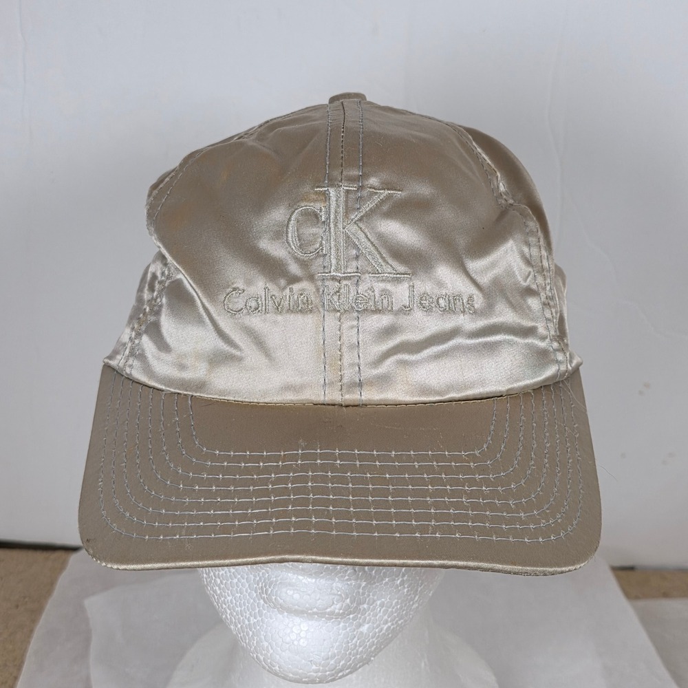 Vintage Calvin Klein Jeans Satin Snapback Hat Champagne Gold Made in USA CK Logo
